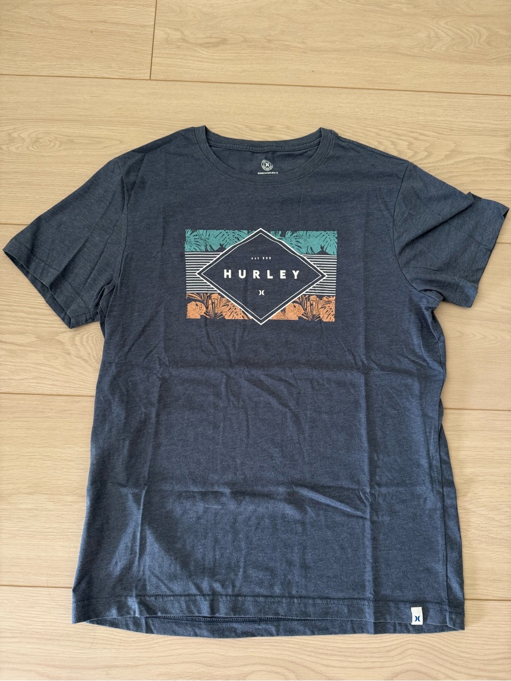 Hurley Navy Graphic Logo Tee with Teal and Orange Accents